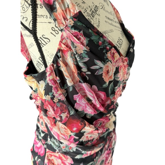 Express Dress Large Bodycon Floral Mesh Ruched Romantic Y2K Mesh Sweetheart Neck - Picture 5 of 13